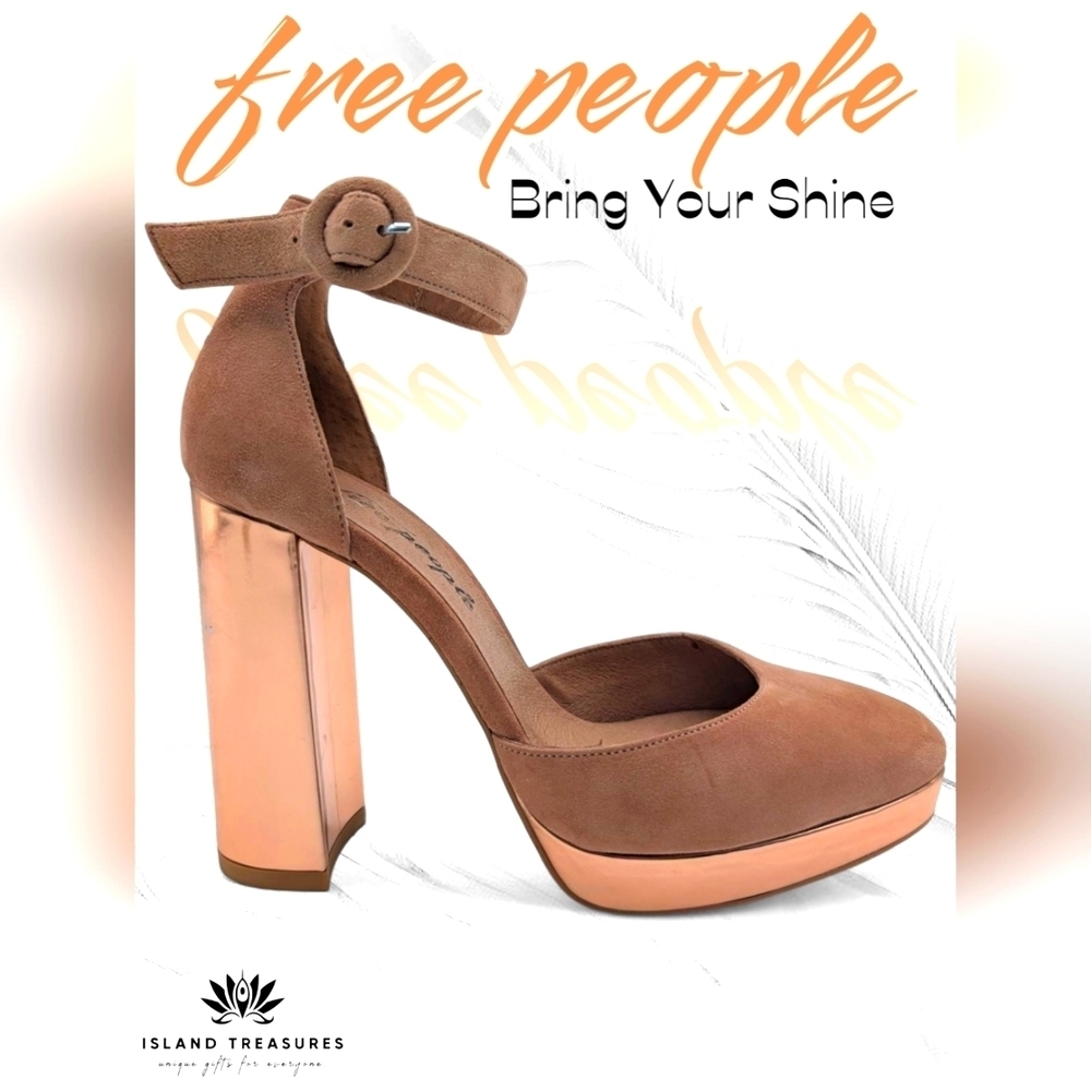 Free People Mix &Mingle Peach Suede Metallic Rose Gold Platform Heels US 7 EU 38